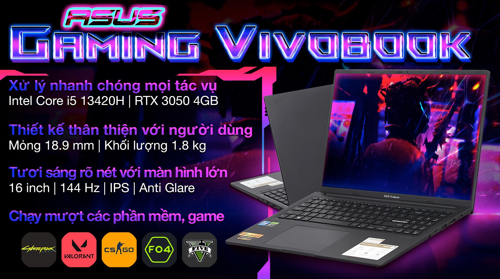 Laptop Asus Gaming Vivobook K3605VC - RP364W (i5 13420H, 16GB, 512GB, RTX 3050 4GB, WUXGA 144Hz, Win11)